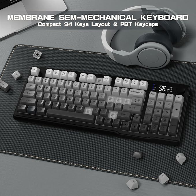 LexonElec M96 Wireless Keyboard, Low Profile Quiet Typing Membrane Gaming Keyboard with Smart Display & Knob, RGB Backlit, USB C Rechargeable, 94 Keys PBT Keycap for Windows PC,Mac,Linux-Moonlit Night - Image 5