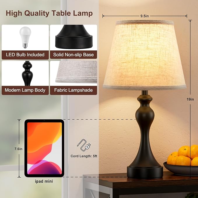 Touch Lamps for Nightstand, 3 Way Dimmable Bedside Lamps with USB C+A Ports | Touch Control, LED Bulb Included, Small Black Table Lamp for Bedroom, Night Stands, End Table, Gift，Corded，Beige Shade - Image 7