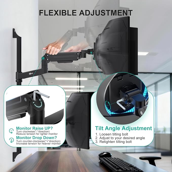 WALI Vertical Dual Monitor Wall Mount for 13-49 inch Screens, 44lbs per Arm | Heavy Duty Stacked Ultrawide Monitor Arm for Wall, Full Motion with Tilt, Swivel, Rotation, VESA 75/100mm (GSWM002-P), Black - Image 8