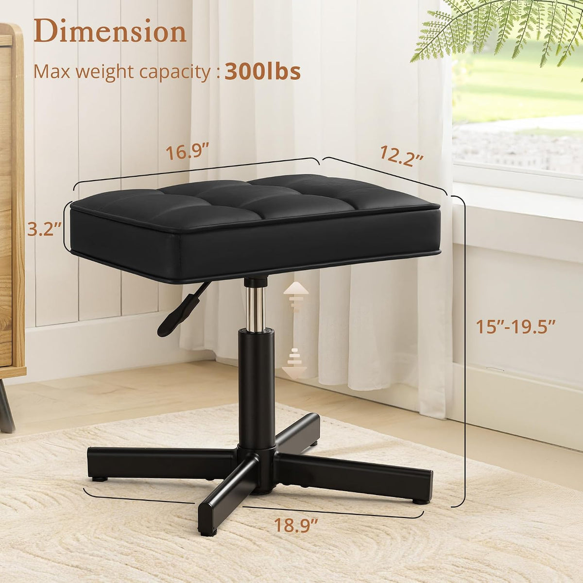 LUE BONA Adjustable Vanity Stool, Foot Rest Under Desk, 360° Swivel Vanity Chair for Makeup Room, Black Upholstered Faux Leather Ottoman for Bathroom & Living Room, 300lbs - Image 2