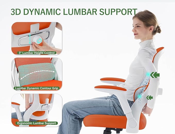 400LB Office Chair: Mesh Ergonomic Desk Chair Comfy with Lumbar Support | Computer Chair Ergonomic Gaming Chairs for Adults with Wheels&Flip up Armrests-Swivel Executive Task Chairs (Orange) - Image 4
