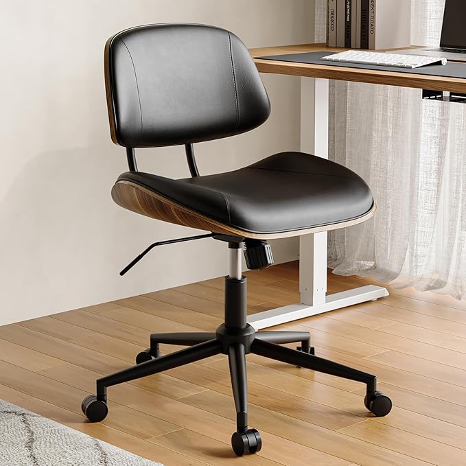 Armless Office Chair with Wheels, PU Leather Desk Chair, Black | Adjustable Height Task Chair, 360° Swivel Ergonomic Computer Chair for Small Space, Modern Walnut Style, Home & Meeting Room by BERYTH