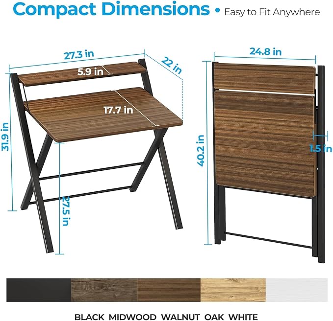 GreenForest Folding Desk No Assembly, Sturdy Computer Desk for Small Spaces | Portable Foldable Table for Laptop, 2-Tier Compact with Shelf, Space Saving for Home Office, Dorm, Apartment, 27"x 22" Walnut - Image 3