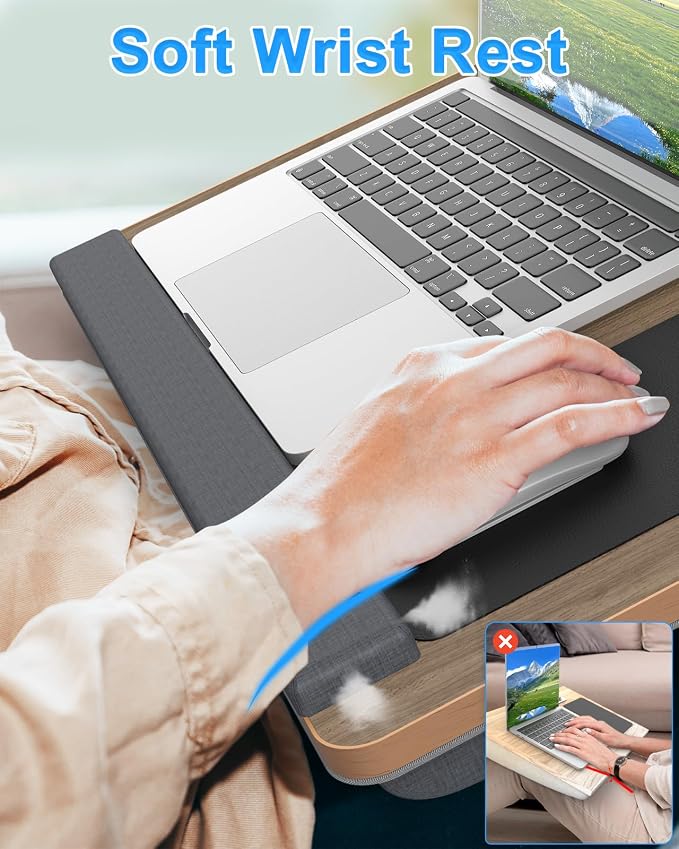 Laptop Lap Desk, Portable Large Laptop Desk for Bed, Up to 17 in Lap Table with Wrist Rest, Mouse Pad, Tablet Phone Slot, Portable Handle, Cushion (Dark Brown Woodgrain) - Image 3