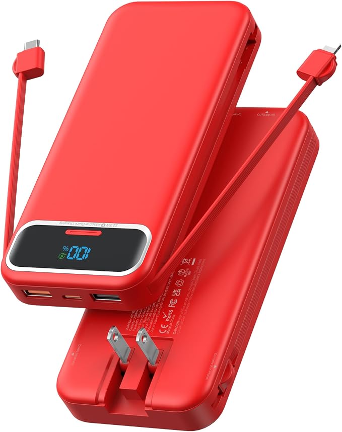 Nusyddy Portable Charger 12000mAh Fast Charging w/Built-in Wall Plug Red | 22.5W Fast Charging, LED Display, Pass Through Charging, TSA Approved, Portable & Slim, Power Bank for iPhone, Samsung by NUSYDDY