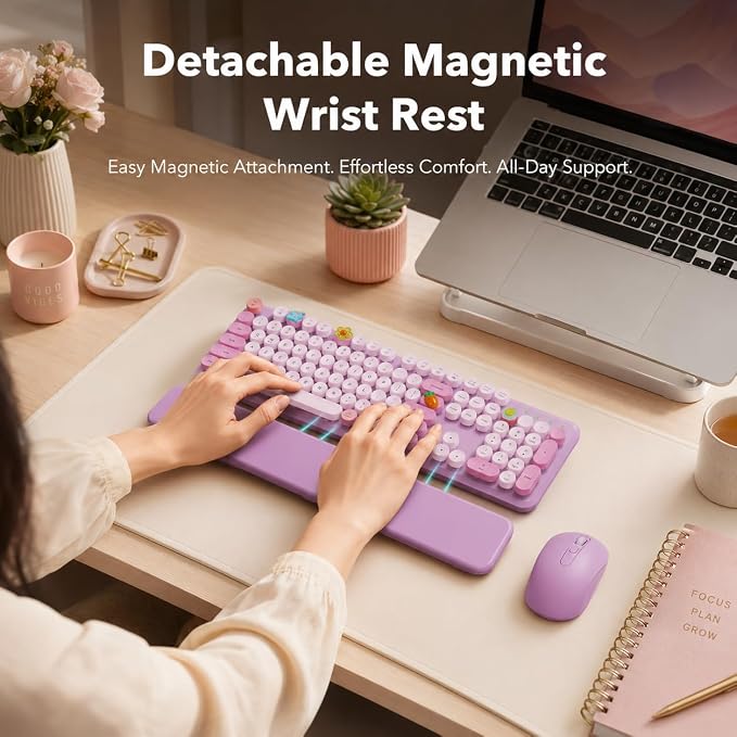 Wireless Keyboard and Mouse, Round Keycaps, Magnetic Wrist Rest, Lilac | Full-Size Retro Typewriter-Style Keyboard, Tilt Legs, Auto Sleep, 2.4GHz Cordless for MacOS, Windows PC, Laptop, SABLUTE - Image 2