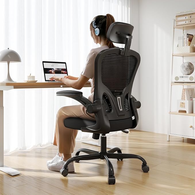 Office Chair Ergonomic Desk Chair, 330LBS Capacity, High Back Computer Chair for Long Hours Comfortable, Rolling Swivel Executive Task Chair for Home Office with Flip-up Armrests, Black by Synorla