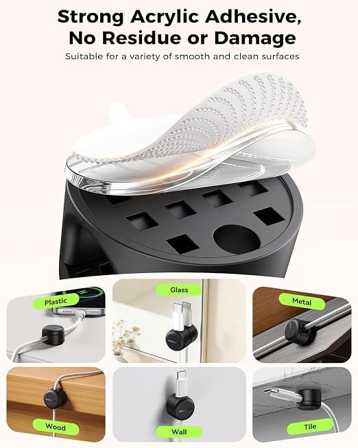 Rocoren 50‑Pack Rotatable Cable Clips & Cord Straps Cable Management Kit | 10 Magnetic Clips & 40 Reusable Hook and Loop Cord Straps, Cord Holder Accessories for Under Desk, Nightstand, Home & Office - Image 8