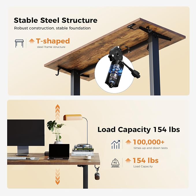 Agilestic Electric Height Adjustable Standing Desk, 63 Inch, Vintage Brown | Smooth Height Adjustment, Memory Presets, Hooks, Stable Steel Frame,154 lbs Capacity, Easy Assembly, Splice Board - Image 4