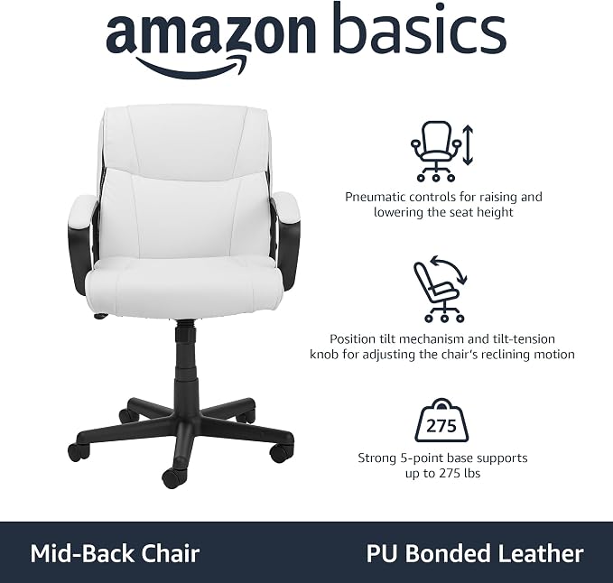 Amazon Basics Office Task Chair with Adjustable Height, 360° Swivel, Padded Armrests, Mid-Back, 275 Pound Capacity, BIFMA Certified, 24.2"D x 24"W x 38.6"H, White Faux Leather - Image 4