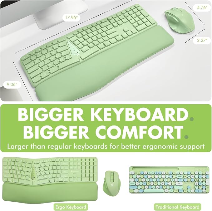 X9 Ergonomic Keyboard and Mouse Wireless Combo - Green Split Keyboard and Mouse Set, Bluetooth/2.4G, Soft Wrist Rest, Rechargeable, Silent Keys, Multi-Device for Laptop, PC, Mac, iOS, Android - Image 6