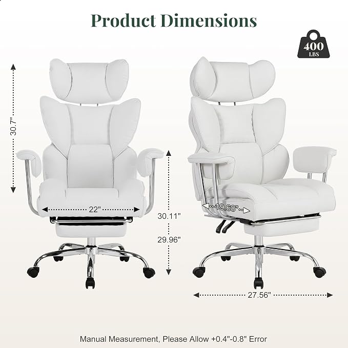 Big and Tall Office Chair 400 LBS, for Adults, Home Office | PU Leather, Executive Ergonomic Desk Chair with Footrest, Lumbar Support, Wide Seat ,Reclining, Beige - Image 3