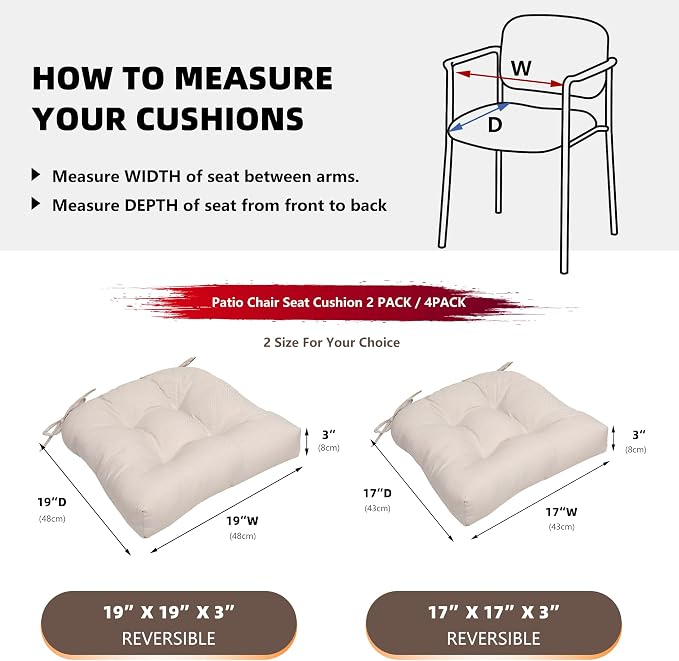 RACE LEAF Outdoor Cushions 17" x 17" Patio Chair Seat Pads, Set of 2 Thick Fill Tufted Square Patio Cushions, Water-Resistant Olefin Chair Seat Cushion with Ties for Non-Slip Support, Beige - Image 5