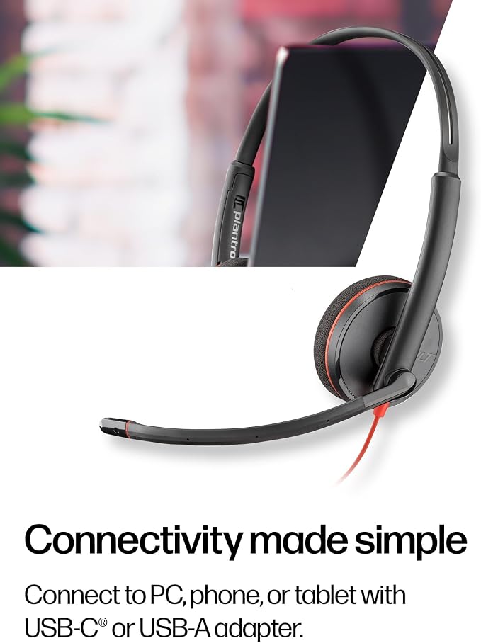 Poly Blackwire 3220 Wired Headset with Mic, Hi-Fi Stereo Sound, Noise-Canceling Mic, Stereo Design, Connect to PC via USB-C & USB-A Adapter, Over-Ear Design, Works with Virtual Meeting Platforms - Image 5