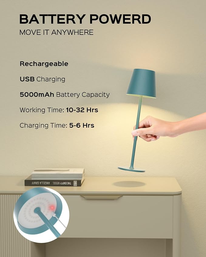 JACKYLED Cordless Table Lamps Rechargeable, 3 Adjustable Height, 5000 Capactiy Operated 3 Colors Smooth Dimming, Portab - Image 8