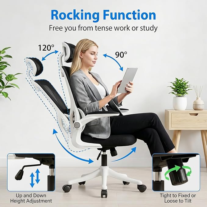 Ergonomic Office Chair with Dynamic Lumbar Support & Adjustable Headrest – High Back Desk Chair with 90° Flip-up Arms, Comfort Mesh Computer Chair for Home Office Long Hours Sitting,Black - Image 4