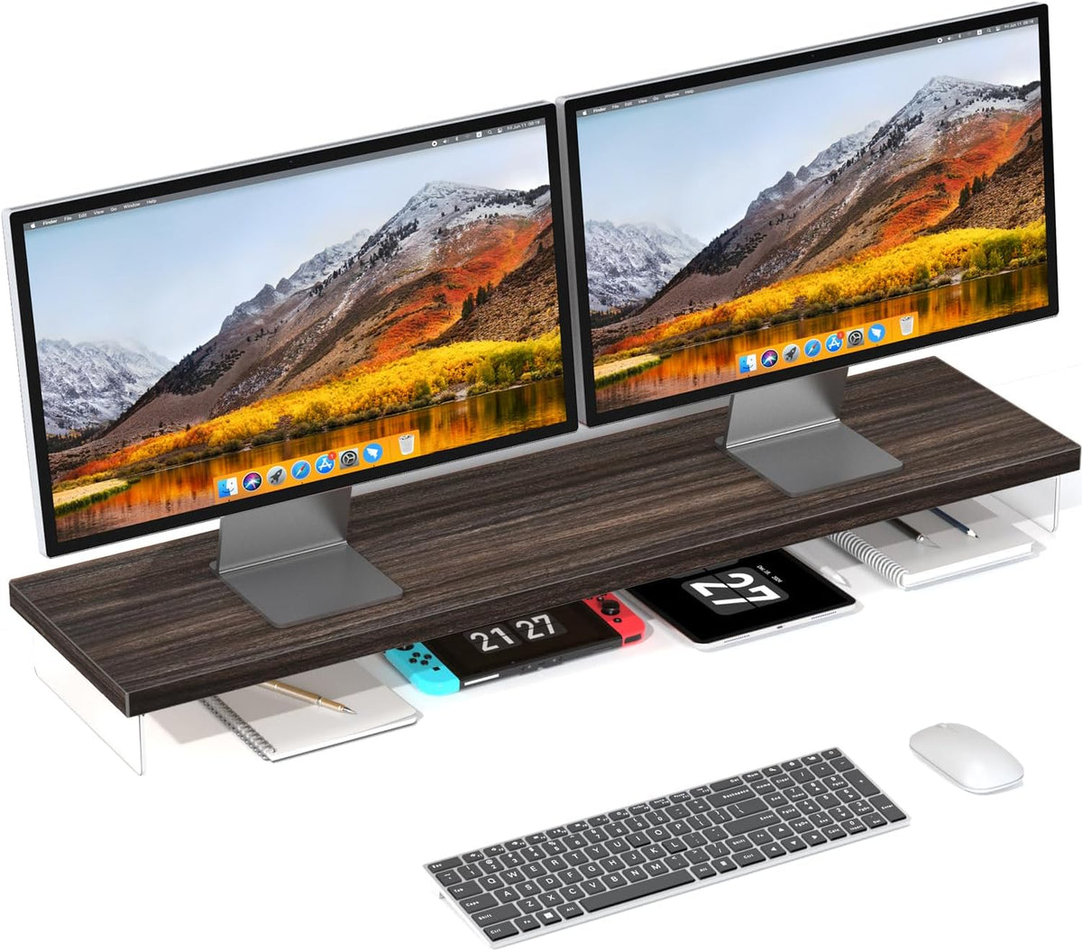Dual Monitor Stand Riser, 40x10 in Wood & Acrylic Desktop Organizer Shelf by SSWOOD