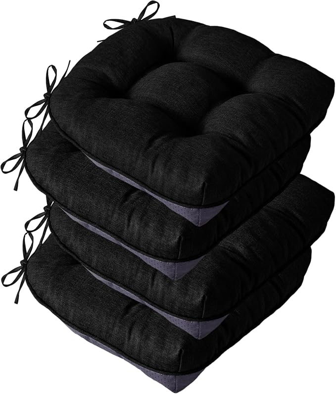 IASEAHK Chair Cushions for Dining Chairs, Seat Cushions for Kitchen Chairs, Indoor Seat Cushions with Ties, Tufted Foam Chair Pads, Non Slip Chair Cushions Set of 4, 15.5" x 15.5" x 4", Black by IASEAHK