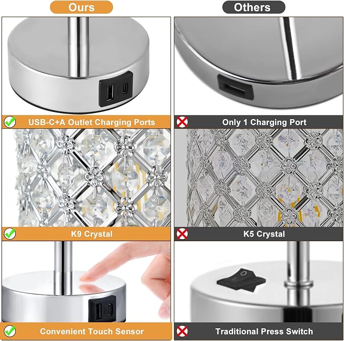 Crystal Table Lamp, 3 Way Dimmable Touch Lamps for Night Stands, Sliver | Crystal Table Lamp with Touch Control, Bedroom Light for Nightstand,Sliver - Image 6