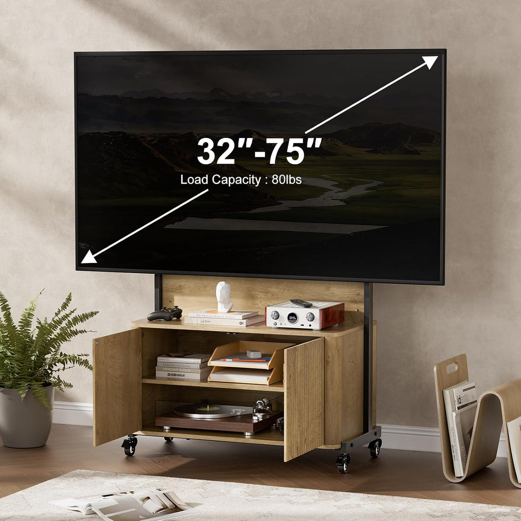 Planimetry Rolling TV Stand with Mount for 32-75 Inch, Wood - Image 3