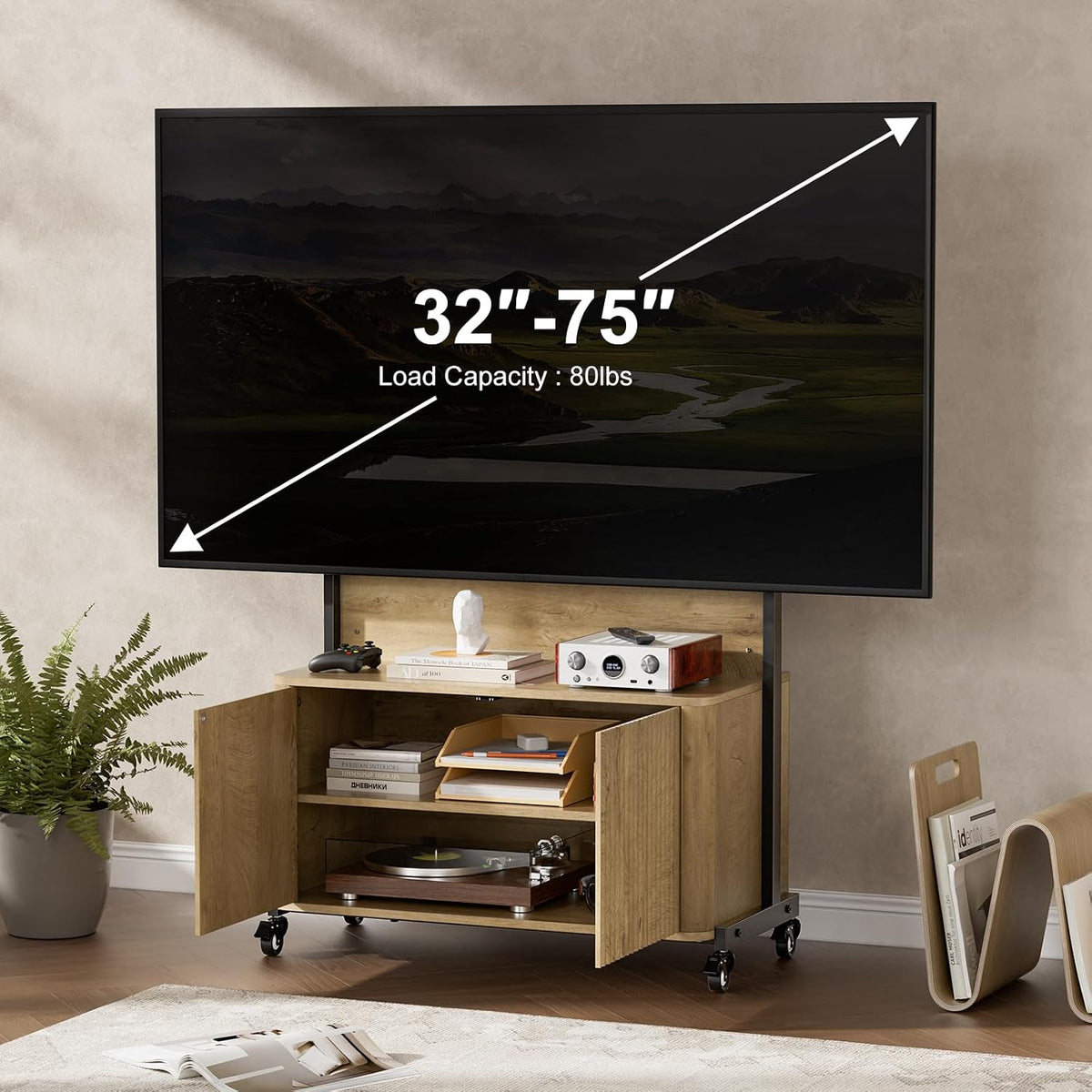 Planimetry Rolling TV Stand with Mount for 32-75 Inch, Wood - Image 3