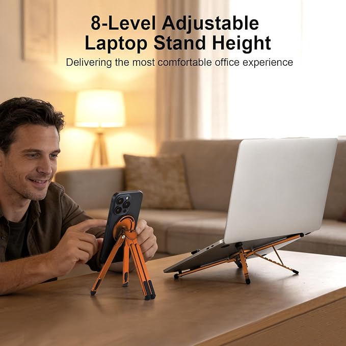 3-in-1 Foldable Magnetic Phone Tripod Stand, Portable Aluminum Alloy Adjustable Holder for Tablet, Laptop MacBook Pro/Air 10–16", Magnet Phone Mount Compatible with MagSafe iPhone Android - Image 3