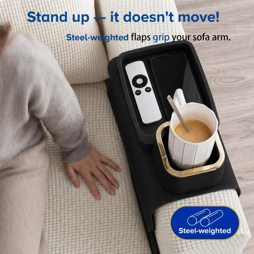 Couch Cup Holder Tray, Elimiko Silicone Anti-Spill and Anti-Slip Couch Drink Holder, Strong and Weighted Phone/Remote/Snacks Sofa Cup Holder (Black) - Image 2