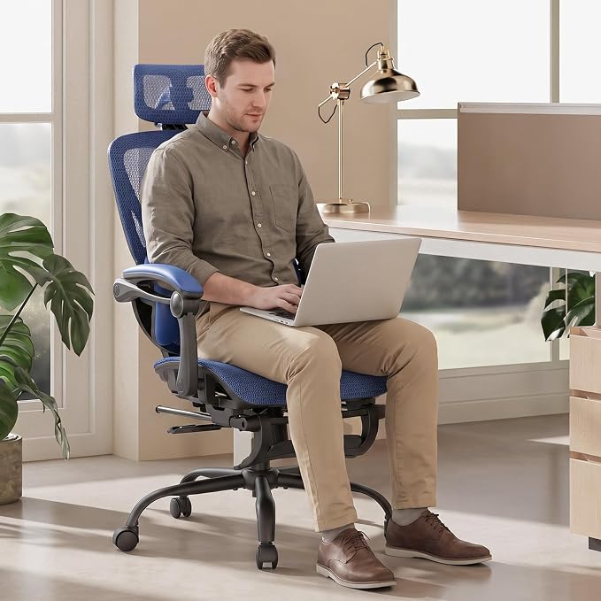 MALOL Ergonomic Mesh Office Chair with Footrest, Executive High Back Computer Desk Chair with 3D Adjustable Headrest & 5-Level Lumbar Support, Track Armrest, Tilt Lock, 300LBS, Blue - Image 8