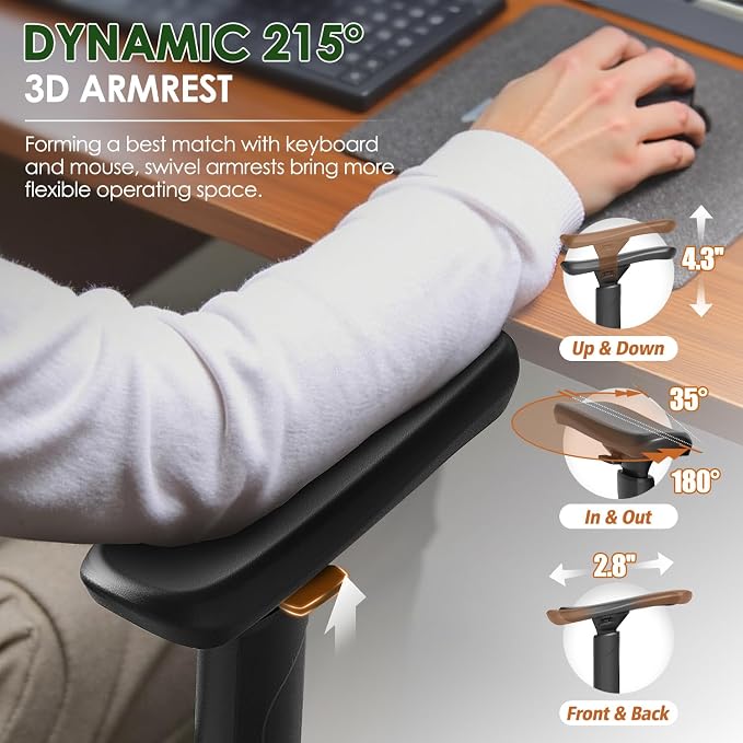 Ergonomic Office Chair, Big and Tall Mesh Chair with Lumbar Support, 3D armrest - 215° Rotation, Adjustable Headrest & Soft Seat, Durable Desk Chair 350LBS for Work Gaming Computer,Grey - Image 5