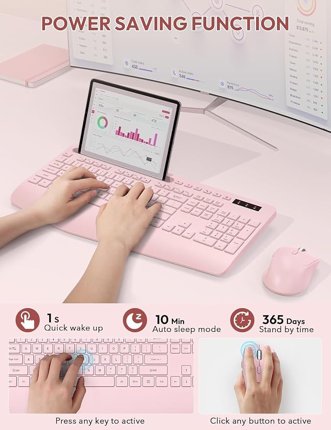 Wireless Keyboard and Mouse Combo, Full Size, Ergonomic Wrist Rest | 2.4G Lag-Free, 3-Level DPI, Phone Holder, Silent Typing, KM23D Batteries Powered Set for PC, Laptop, Windows, macOS (Pink) - Image 8