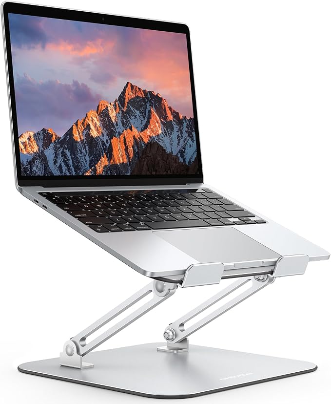 OMOTON Laptop Stand, Adjustable Metal Foldable Riser 10-17.2", Silver | Ergonomic Cooling Laptop Holder, Height Adjustable to 270mm for Sit-Stand, Portable Travel by OMOTON