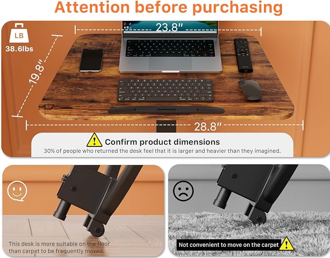 JOY worker Foldable Rolling Standing Desk, 90° Tilt Sit Stand Portable Desk | Dark Walnut MDF Desktop, Height Adjustable, Collapsible Low Base with Hidden Wheels, Non-Slip Bar, Holds 22lbs, Home Office - Image 4