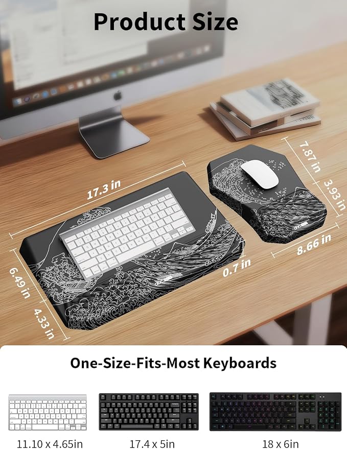 3-in-1 Ergonomic Keyboard Stand with Wrist Rest & Mouse Pad Set, Black Wave | Comfy Keyboard Riser Holder Soft Mousepad with Massage Design, Memory Foam and Non-Slip PU Base for Pain Relief - Image 4