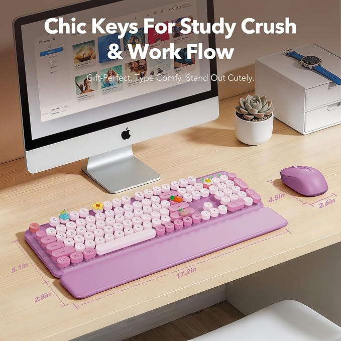 Wireless Keyboard and Mouse Combo, Round Keycaps, Full-Size Retro Typewriter Keyboard with Magnetic Wrist Rest, Tilt Legs, 2.4GHz Cordless Connection for Mac/Windows/PC, SABLUTE CK23, Lavender Purple | Full-Size Typewriter-Style Keyboard, Tilt Legs, 2.... - Image 8