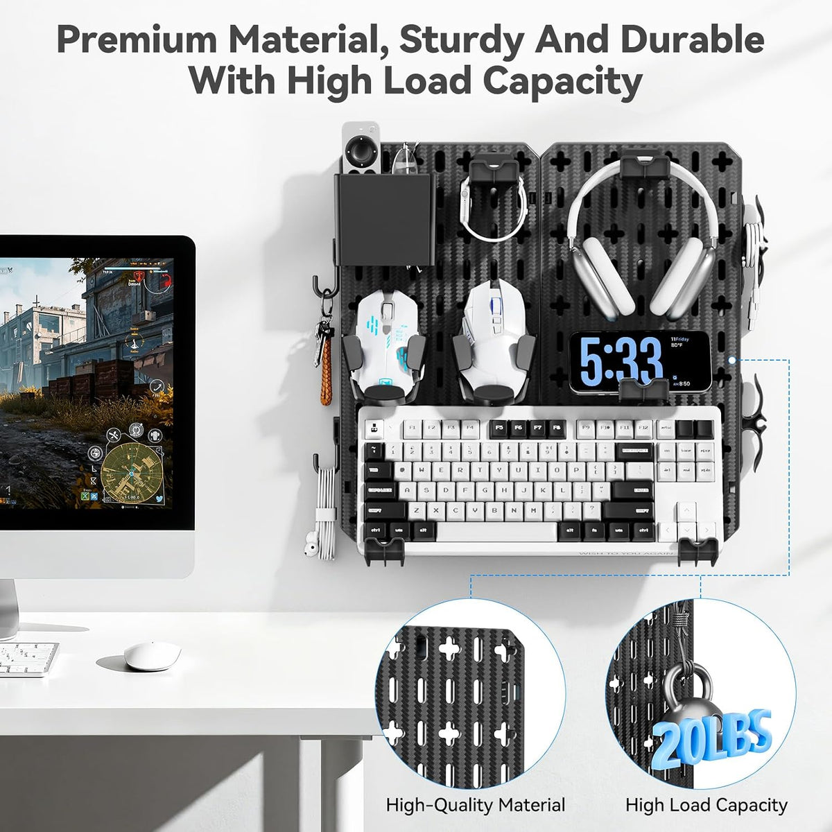 KDD Keyboard and Mouse Display Stand Holder, Wall Mount Office Organization Pegboard Combination Kit with Pen holder, Hooks, Headset & Controller Stand for Office & Home Hanging Organizer Storage - Image 7