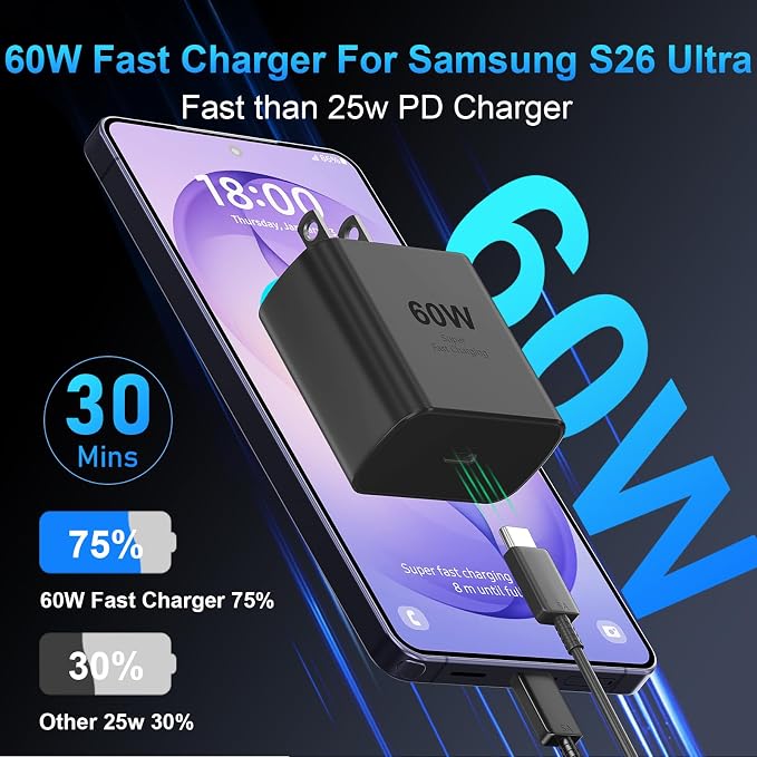 60W Super Fast Charger USB C, Type C Charger Fast Charging Android Phone Charger Block with 10FT USB C Chargers Fast Charging Cable Cord for Samsung Galaxy S26 Ultra/S26+/S26/S25Ultra/S25/S24-Black - Image 2