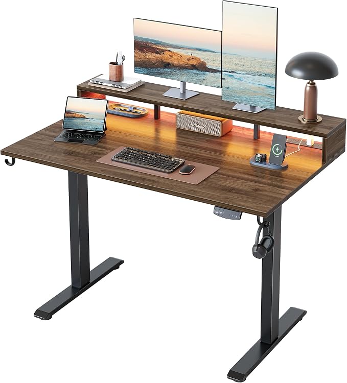 Klicelor Electric Standing Desk with Shelf, 48 Inch Height Adjustable Desk with Power Outlets & LED, Sit Stand Up Table with Monitor Stand, Computer Workstation for Home Office, Dark Walnut by Unknown
