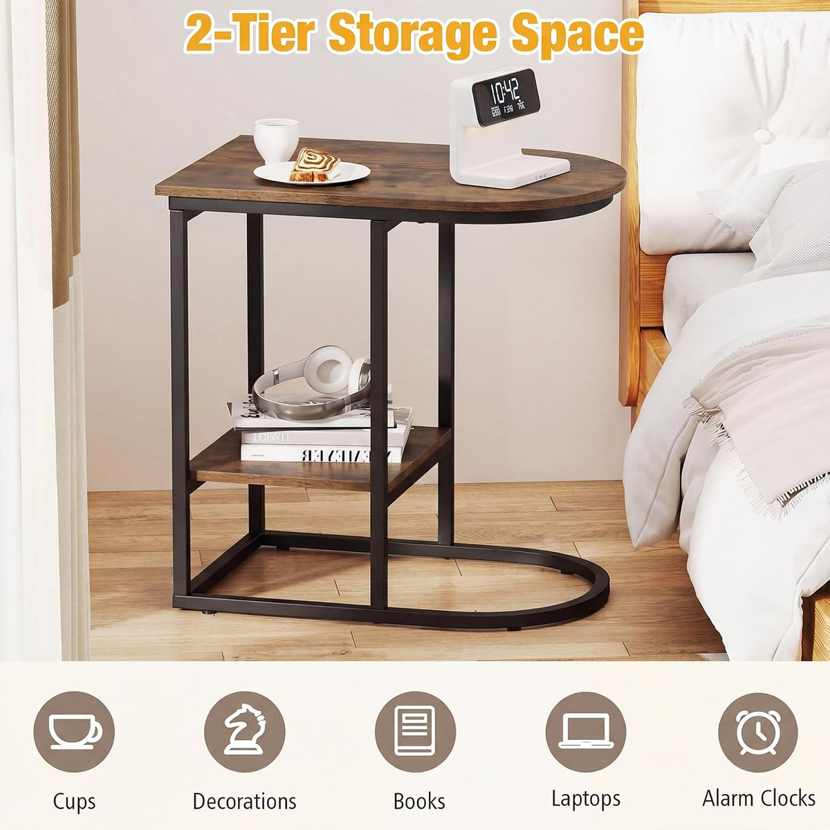 GIANTEX C Shaped End Table Set of 2, Modern Sofa Side Table with Industrial Wood Tabletop & Storage Shelf, Slide Under Sofa Bed, 2-Tier Couch Table for Small Spaces Living Room Bedroom, Rustic Brown - Image 5