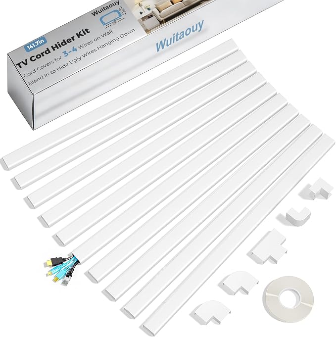 Cord Covers for 3-4 Wires on Wall, Wuitaouy 141.7in Cord Hider Kit, Self-Adhesive Wire Hider Wire Covers for Cords on Wall, Paintable Tv Cable Hider Cable Raceway, W1.18 H0.6in, White by Wuitaouy