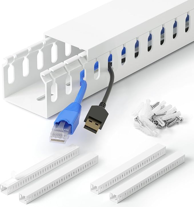 1.4"H x 1.6"W Cable Raceway, 66in Under Desk Wire Management Channel, White | Slotted Wire Duct, 4Pack, 16.5in Each, Heavy-Duty PVC Cable Management for Server Racks, Network Cables & Electrical Cabinets by ZhiYo