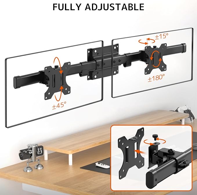 Dual Monitor Wall Mount, Horizontal Assembly Mount for 2 Monitor Screens up to 35 inches, Max. 10kg per Arm, VESA 75x75/100x100mm,Black - Image 4