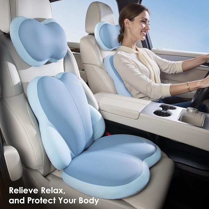 3 PCS Seat Cushion for Carseat Lumbar Support Pillow Car Neck Headrest Pillows Ultrathick Memory Foam Seat Pads Pressure Relief Back Cushion for Office Chair(Blue) - Image 6