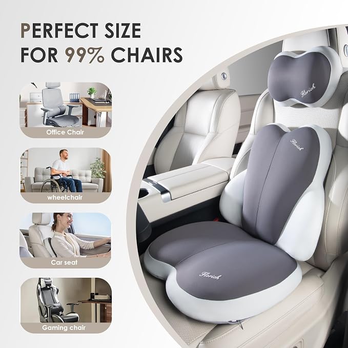 3 PCS Seat Cushion for Carseat Lumbar Support Pillow Car Neck Headrest Pillows Ultrathick Memory Foam Seat Pads Pressure Relief Back Cushion for Office Chair(Beige Grey) - Image 2