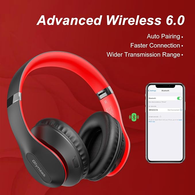Wireless Bluetooth Headphones Over Ear V6.0 HiFi Stereo with Mic | 65H Playtime 6EQ Modes Foldable Bluetooth Headset with Microphone for Travel Smartphone Computer Laptop Black Red - Image 4