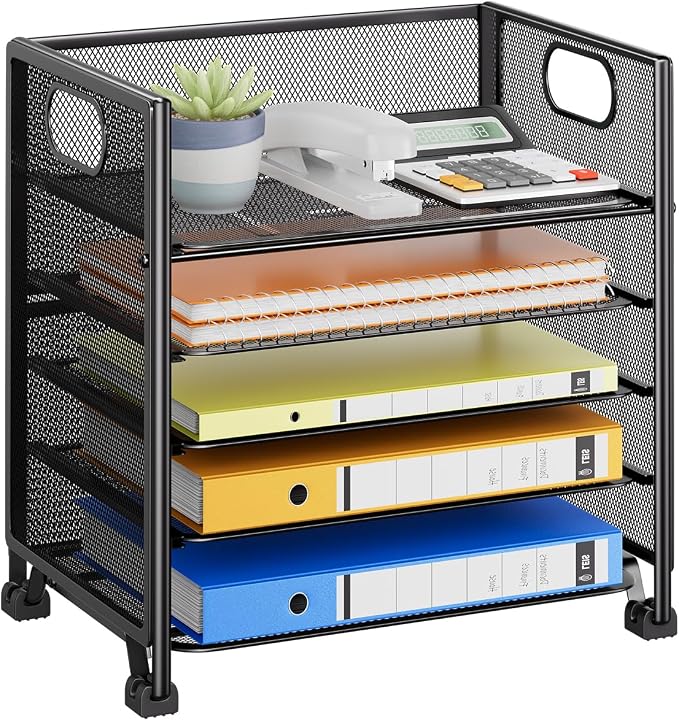 Simple Trending 5-Tier Paper Tray Organizer, File Organizer for Desk, Black | Letter Tray Holder with Handle. Sturdy Metal Frame. Non-slip Feet. Black for Office Home School. 13"L x 9"W x 13"H by SimpleTrending