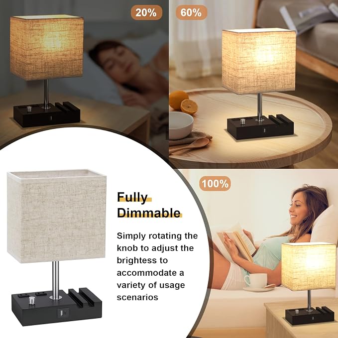 Beige Table Lamp for Bedroom - Stepless Dimmable, USB C+A, 2 AC Outlets | Dimming By Rotary Knob, USB C+A Ports, 2 Phone Stands, LED Bulbs Included, Rectangle Beige Lampshade, for Living Room, Desk - Image 2
