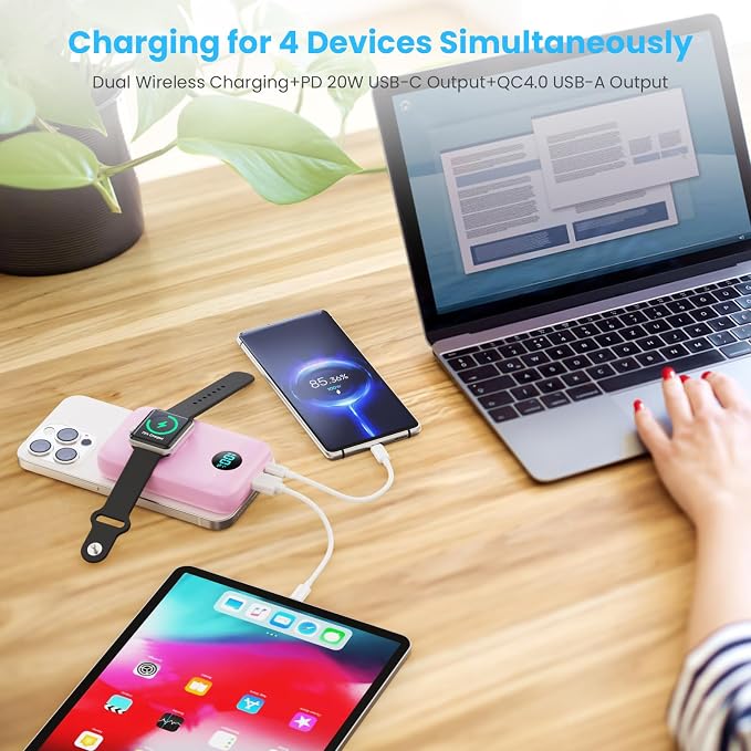 Magnetic Portable Charger 10800mAh,4-in-1 Wireless Power Bank with iWatch Charger, QC4.0+20W PD Fast Charging USB C Battery Pack with LCD Display for Magsafe,iPhone 16/15/14/13/12,Apple Watch, Pink - Image 6