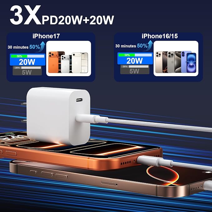 Long iPhone Charger, iPhone 15 16 17 Pro Max Charger with 10FT Nylon Braided USB C to C Charging Cable Cord & 20W Dual Port USB C Fast Charger Block for iPhone 17 16 15 Pro Max/17 16 15/15 Plus - Image 2