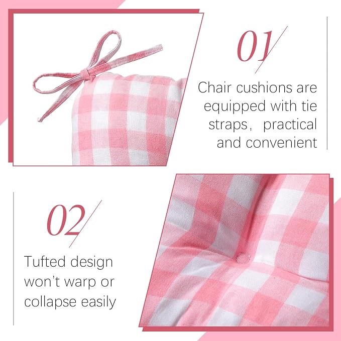 Geetery 4 Pack Chair Cushions, 16" x 15",Pink and White,Plaid - Image 3