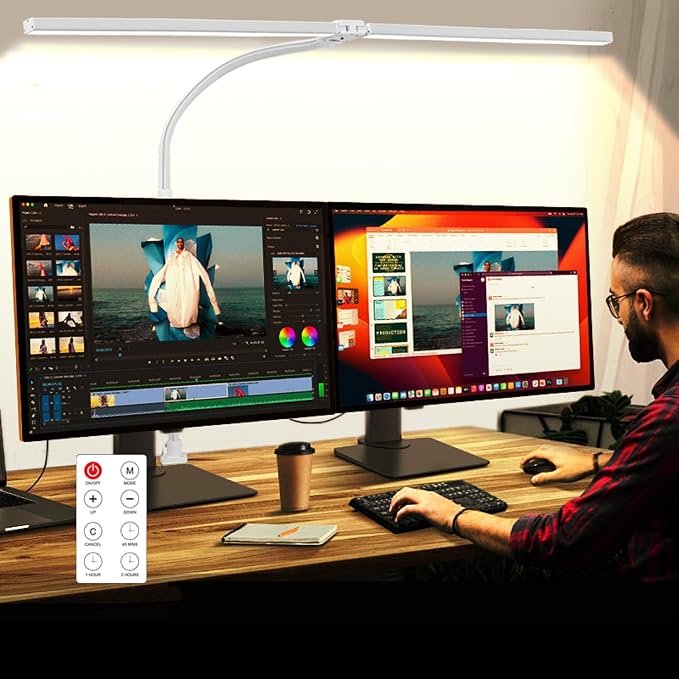 LED Desk Lamp with Clamp, Dual Head Monitor Light, Remote | 24W Dimmable Eye-Caring Task Lamp with Timer, Anti-Glare Cover and Gooseneck for Home Office Dorm Workbench and Study by MACASA